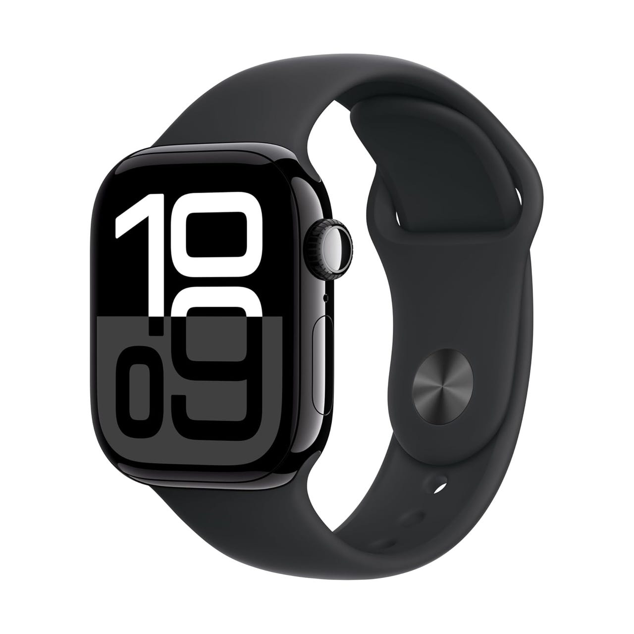 A smartwatch with a sleek black design featuring a large digital display and a black silicone strap, showcasing bold numbers for easy readability.