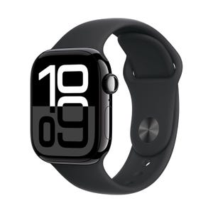 A smartwatch with a sleek black design featuring a large digital display and a black silicone strap, showcasing bold numbers for easy readability.