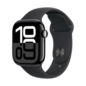 A smartwatch with a sleek black design featuring a large digital display and a black silicone strap, showcasing bold numbers for easy readability.