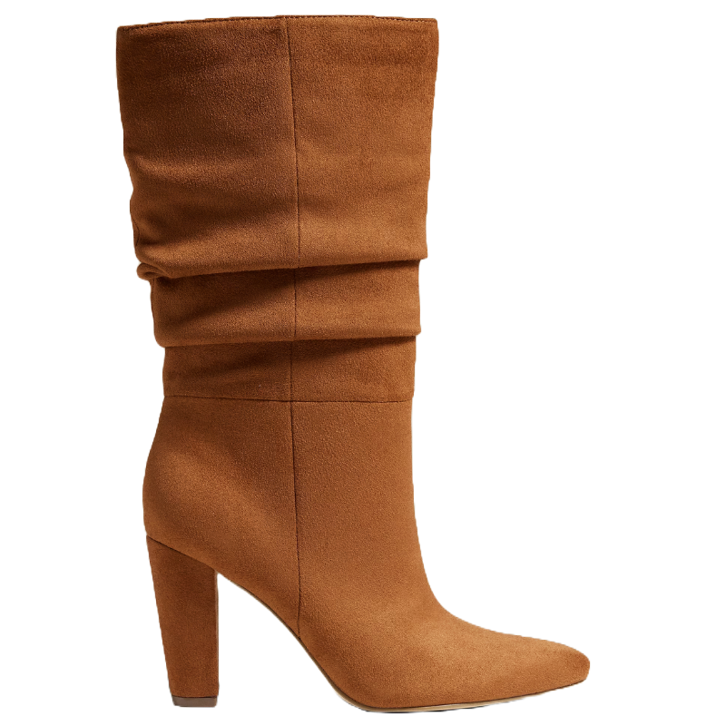 A tan-colored, knee-high, slouchy boot made of vegan leather with a high chunky heel and a pointed toe design.