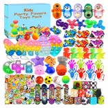 Kids party favor pack with pop-it toys, finger toys, mini skateboards, bouncy balls, stickers, animal erasers, and spinning tops in various bright colors and designs.