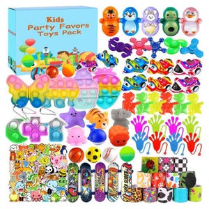 Kids party favor pack with pop-it toys, finger toys, mini skateboards, bouncy balls, stickers, animal erasers, and spinning tops in various bright colors and designs.