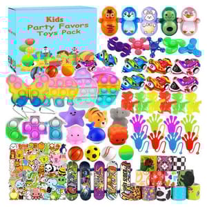 Kids party favor pack with pop-it toys, finger toys, mini skateboards, bouncy balls, stickers, animal erasers, and spinning tops in various bright colors and designs.
