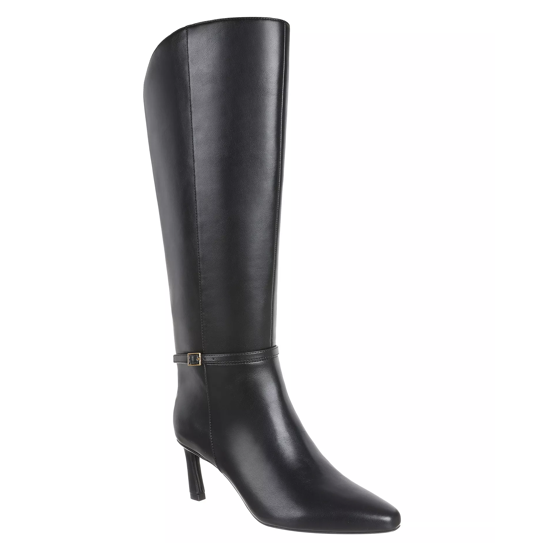 A tall black leather knee-high boot with a pointed toe and a slim high heel, featuring a small buckle detail near the ankle.