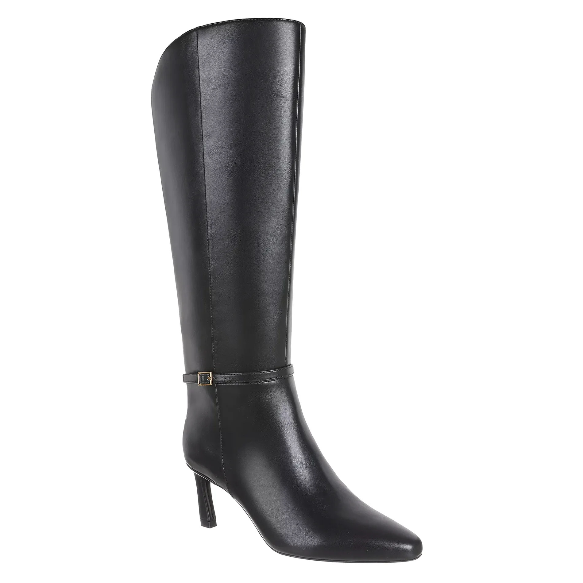 A tall black leather knee-high boot with a pointed toe and a slim high heel, featuring a small buckle detail near the ankle.