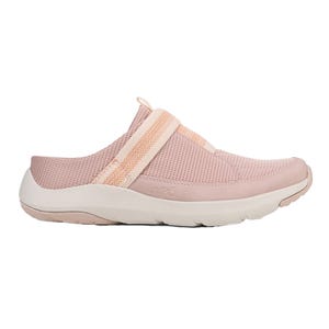 A pink slip-on sneaker with a breathable mesh upper and elastic strap detail, featuring a white cushioned sole.