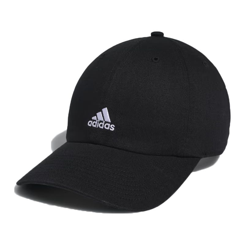 Black baseball cap with a curved brim and the white Adidas logo embroidered on the front.