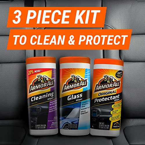 Three cylindrical containers of Armor All wipes, labeled as Cleaning Wipes, Glass Wipes, and Original Protectant Wipes, for car care. The background suggests they’re used in vehicle interiors.