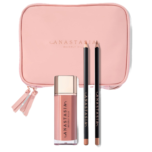 The 4pc Anastasia Soft & Sculpted Lip Set includes a pink makeup bag, a liquid lipstick, and two lip pencils, all featuring the Anastasia Beverly Hills branding.