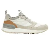 A Merrell sneaker featuring a beige and white color scheme with a rubber sole, suede and mesh upper, and lace-up design.