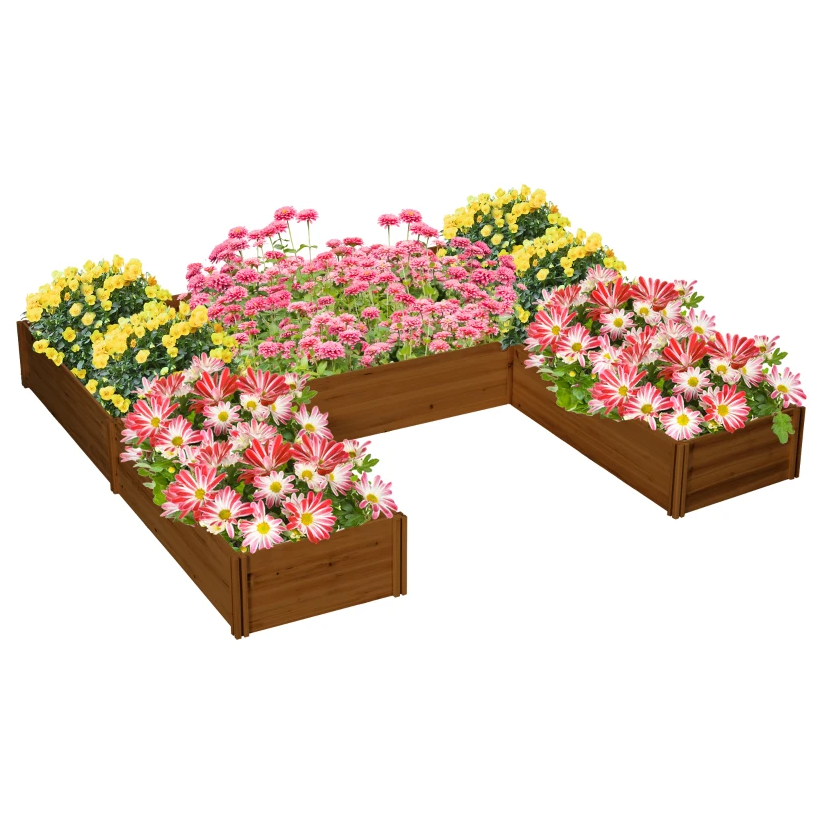 A three-tier raised garden bed set in a corner configuration featuring yellow, pink, and red flowers. The structure is made of wood, providing organized and elevated spaces for gardening.