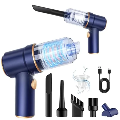 Cordless handheld vacuum cleaner with attachments including a crevice tool, brush nozzles, and USB charging cable, designed for small spaces like car interiors or keyboards.