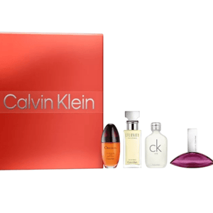 Calvin Klein gift set featuring mini bottles of Obsession, Eternity for Women, CK One, and Euphoria fragrances, housed in a red box.