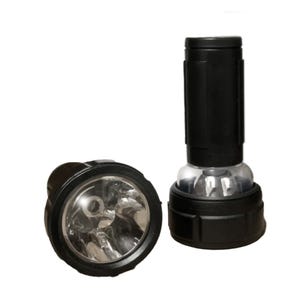 Two black flashlights, one standing upright and the other lying horizontally, with a visible LED bulb design.