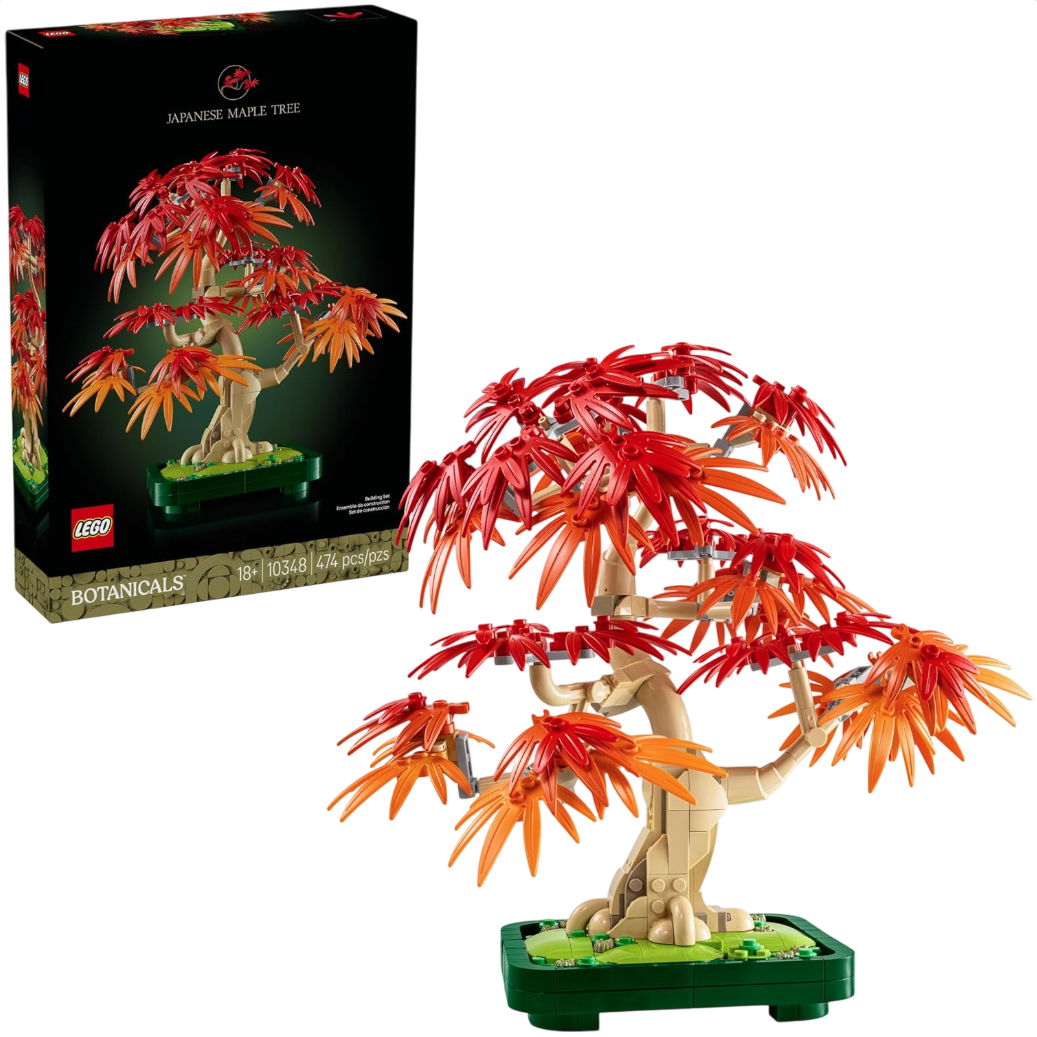 LEGO Botanicals Japanese Maple Tree set features a tree with red and orange leaves, consisting of 1,034 pieces. Suitable for ages 18+, it offers a decorative build experience.