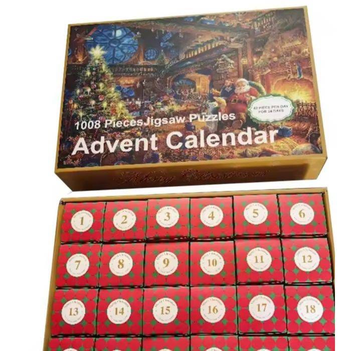 Advent calendar featuring 1008 jigsaw puzzle pieces, divided into 42 pieces per day for 24 days. The cover shows a festive scene with a Christmas tree and Santa Claus.