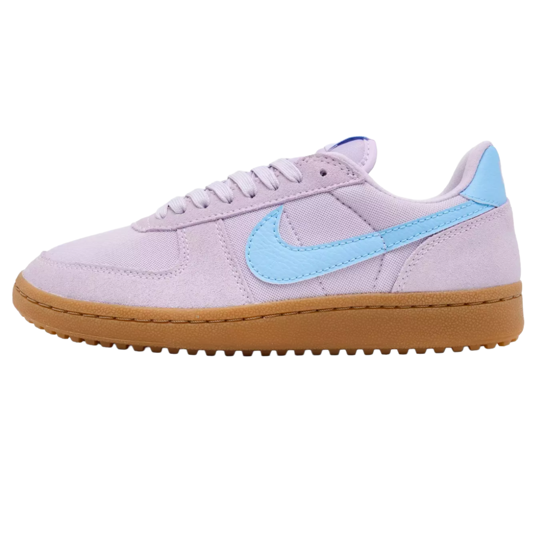 Lilac and light blue Nike sneakers with a gum sole, featuring a low-top design and the iconic swoosh logo.