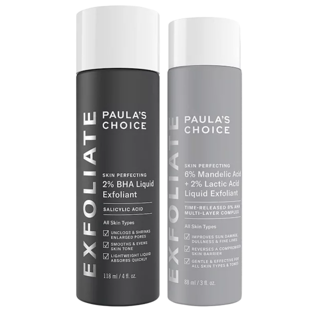 Paula's Choice Exfoliants: 2% BHA Liquid Exfoliant with Salicylic Acid (118 ml) for unclogging pores; 6% Mandelic Acid + 2% Lactic Acid Liquid Exfoliant (88 ml) for improving skin tone and texture. Suitable for all skin types.