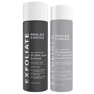 Paula's Choice Exfoliants: 2% BHA Liquid Exfoliant with Salicylic Acid (118 ml) for unclogging pores; 6% Mandelic Acid + 2% Lactic Acid Liquid Exfoliant (88 ml) for improving skin tone and texture. Suitable for all skin types.