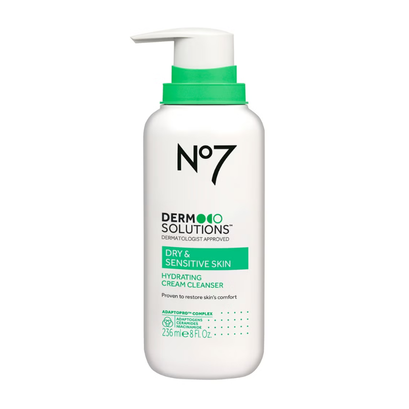 No7 Dermo Solutions Hydrating Cream Cleanser is designed for dry and sensitive skin. It is dermatologically approved, aims to restore skin comfort, and contains the Adaptogen Complex with ceramides and niacinamide. Size: 236 ml (8 fl oz).
