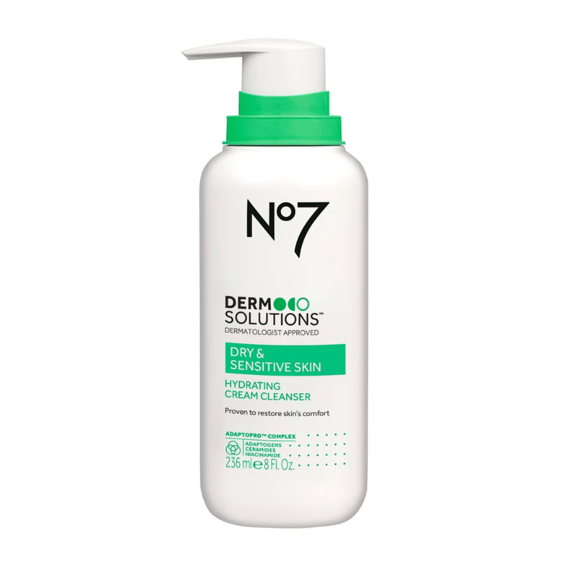 No7 Dermo Solutions Hydrating Cream Cleanser is designed for dry and sensitive skin. It is dermatologically approved, aims to restore skin comfort, and contains the Adaptogen Complex with ceramides and niacinamide. Size: 236 ml (8 fl oz).