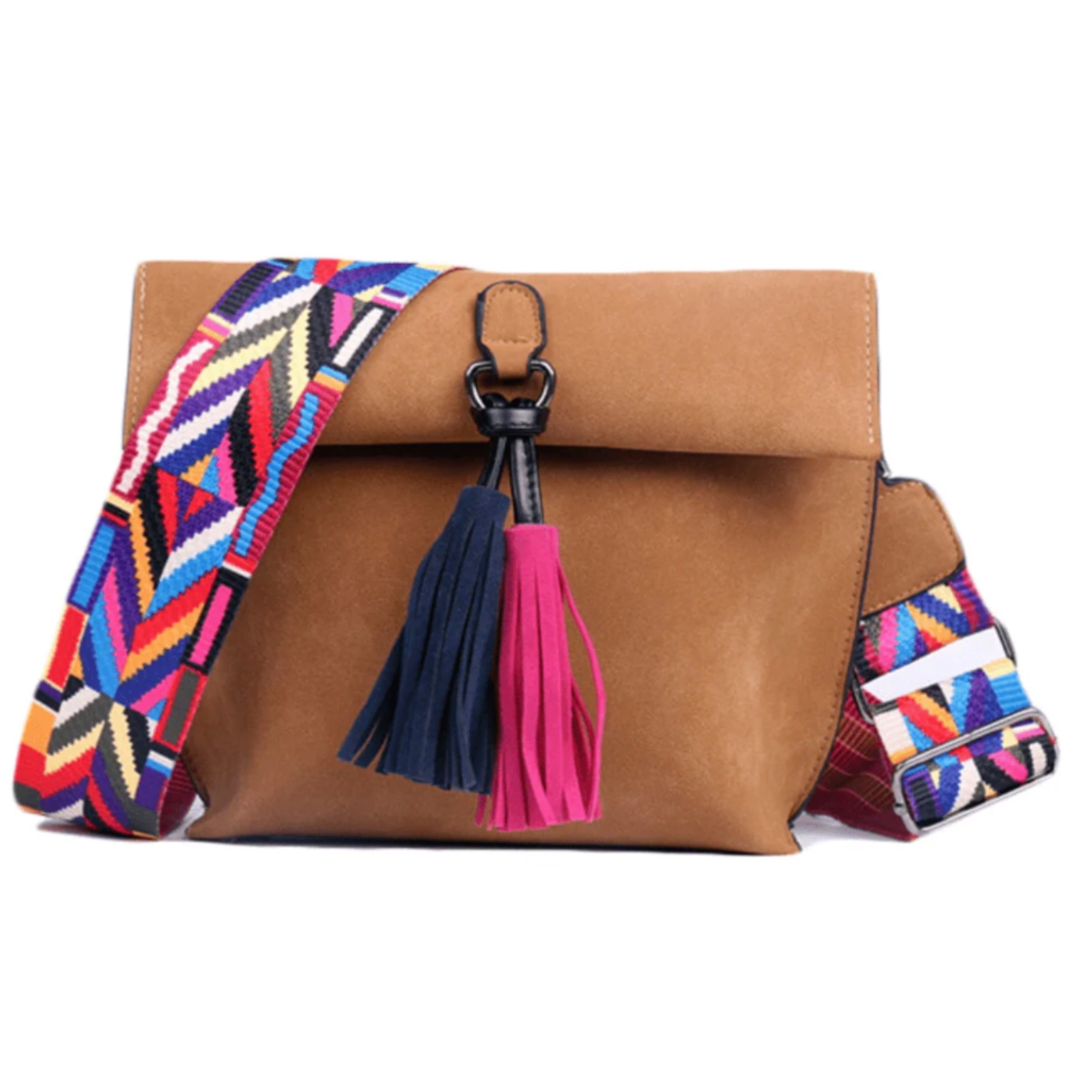 A brown foldover clutch with a colorful woven strap and tassel details.