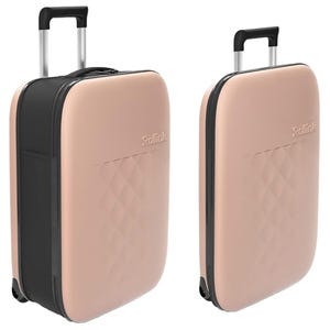 The 21\“ collapsible carry-on is a sleek, light pink suitcase featuring a quilted pattern and dual black handles with retractable wheels. Its compact design allows for easy storage.