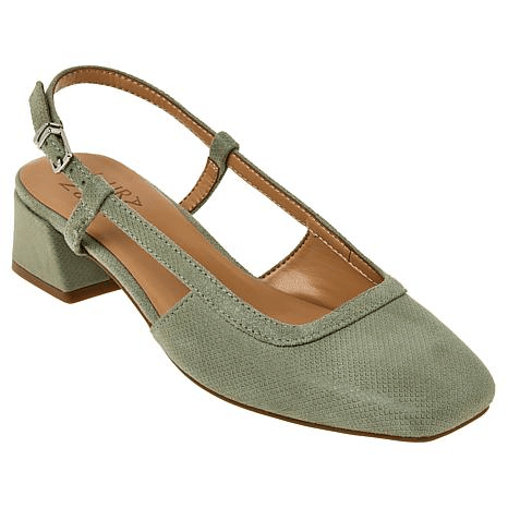 A green, low-heeled slingback shoe with a square toe, textured upper, and adjustable ankle strap buckle.