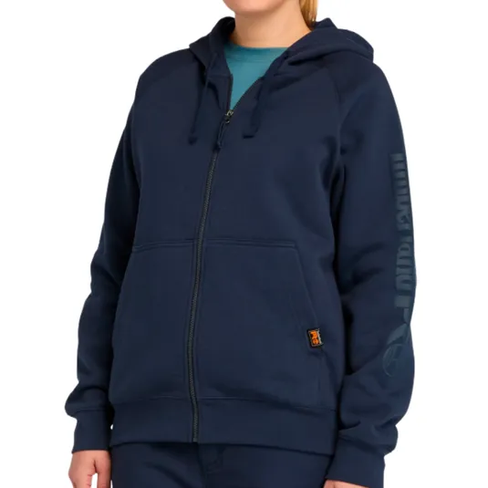 A navy blue zip-up hoodie with a front pocket, hood, and graphics on the left sleeve.