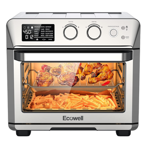 A countertop oven with digital controls, dual knobs for function and temperature, and a visible cooking chamber containing roasted chicken and fries. Displays various settings like bake, roast, air fry, and more. Brand: Ecowell.