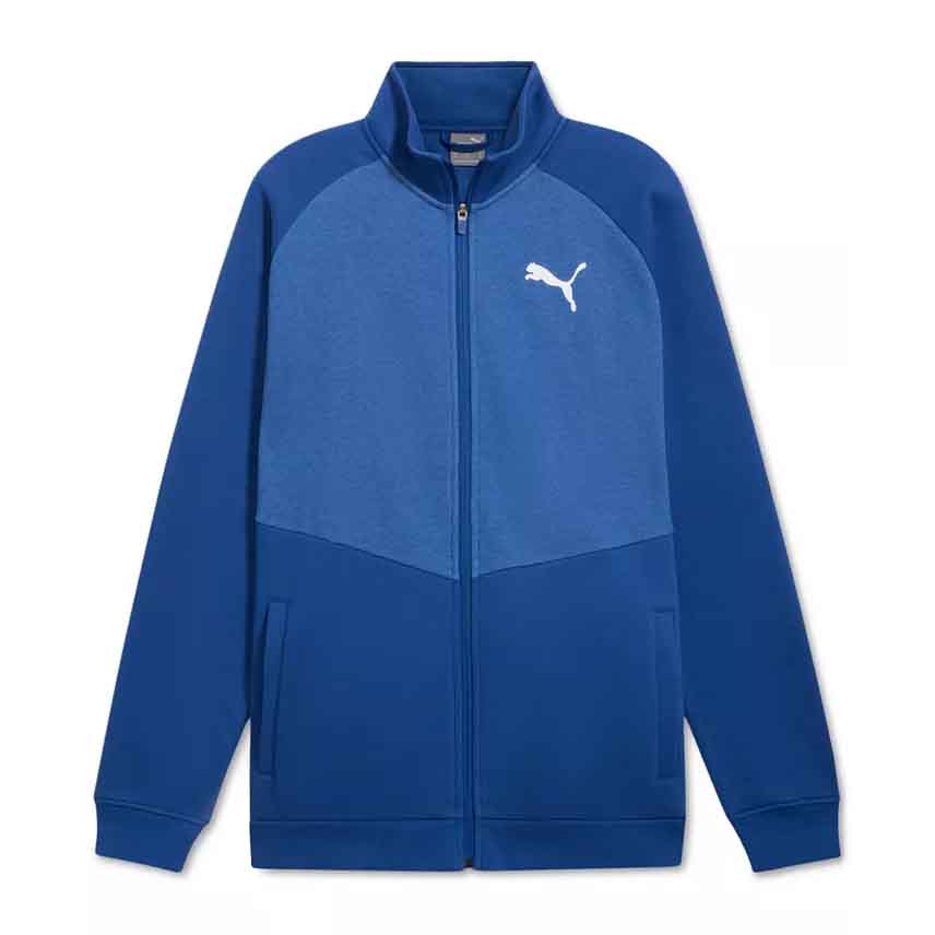 Blue Puma Men's Fleece Jacket with a full zip, featuring a white Puma logo on the chest, two front pockets, and a high collar.