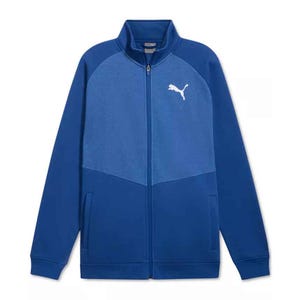 Blue Puma Men's Fleece Jacket with a full zip, featuring a white Puma logo on the chest, two front pockets, and a high collar.