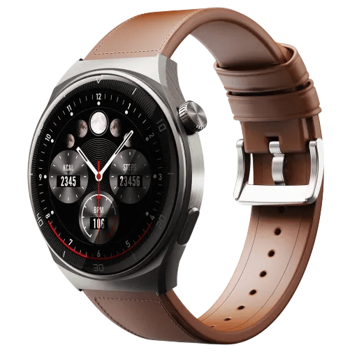 A smartwatch with a brown leather strap featuring a circular display showing activity metrics like calories, steps, and heart rate.