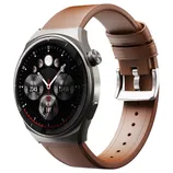A smartwatch with a brown leather strap featuring a circular display showing activity metrics like calories, steps, and heart rate.