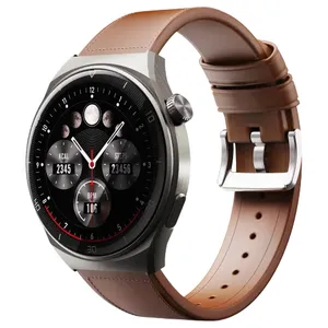A smartwatch with a brown leather strap featuring a circular display showing activity metrics like calories, steps, and heart rate.