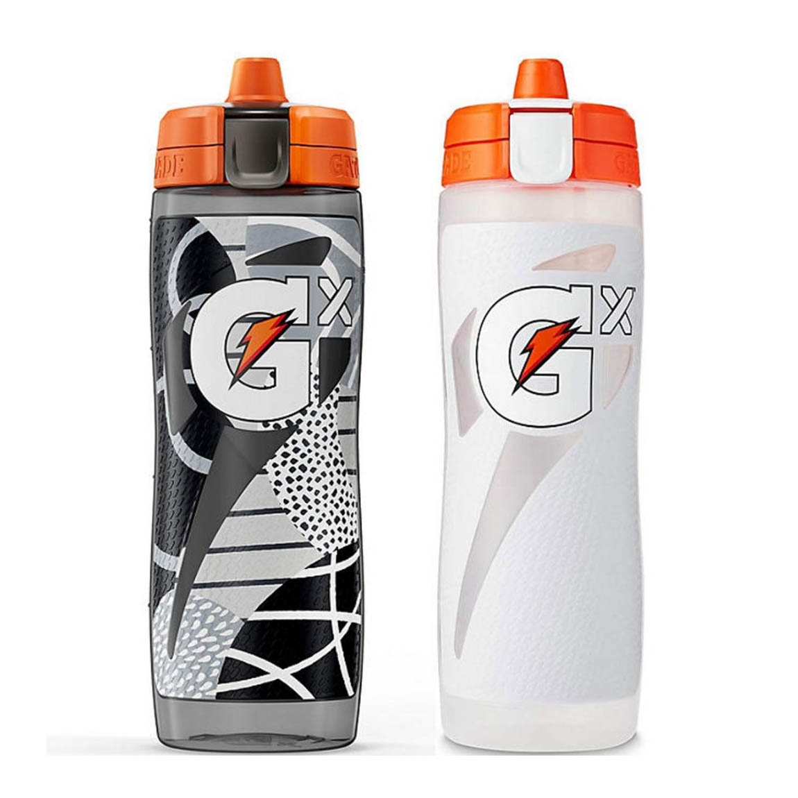 Two Gatorade GX bottles feature a distinctive orange cap and bold designs; one is black with graphic patterns, and the other is white with subtle textures.