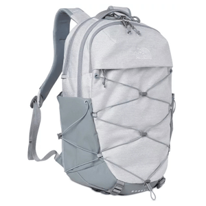 A light gray backpack from The North Face with bungee cord detailing on the front, side pockets, and padded straps, suitable for travel or daily use.