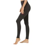 Black women's leggings, high-waisted, full-length, with a smooth, form-fitting silhouette and no visible logos or patterns, suitable for casual or athletic wear.