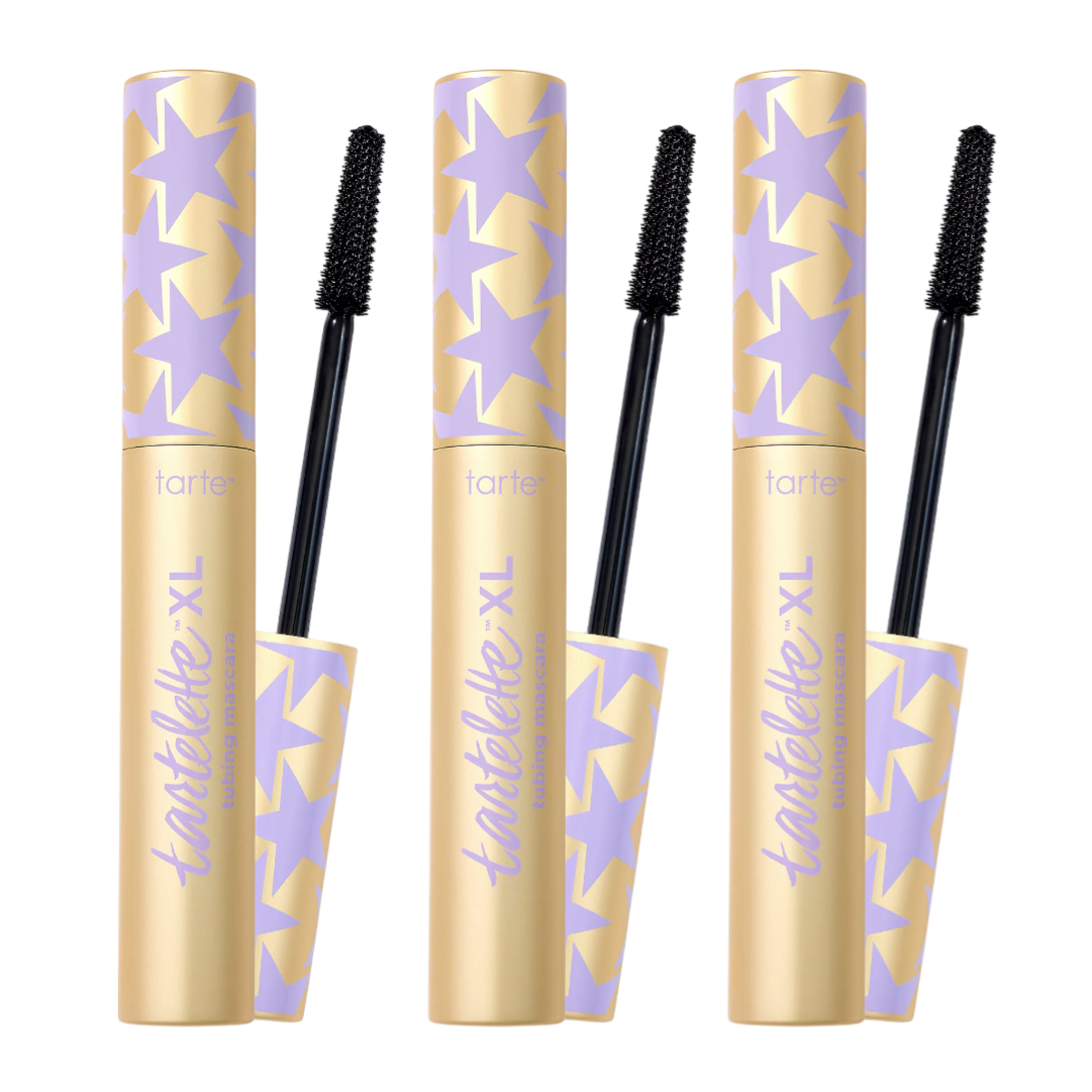 Three tubes of Tartelette XL tubing mascara with lavender stars on gold packaging and black bristle wands.