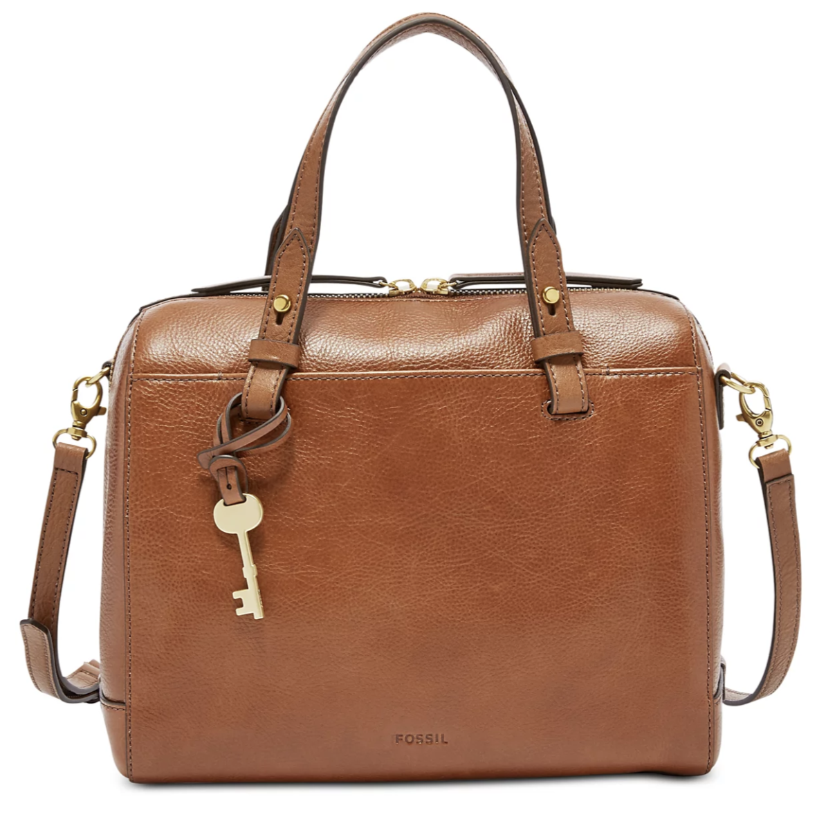 A brown leather handbag with dual top handles, a detachable shoulder strap, and a decorative key charm.