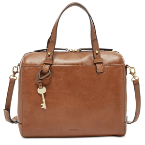 A brown leather handbag with dual top handles, a detachable shoulder strap, and a decorative key charm.