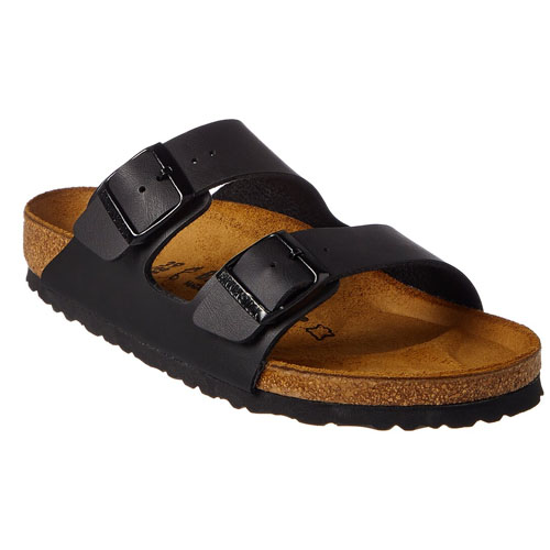 A pair of black two-strap sandals with buckles and a cork footbed.