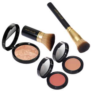 A set of Laura Geller makeup items including two brushes and three compact powders in different shades.