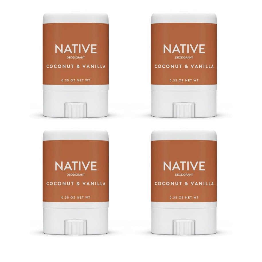 Four sticks of Native deodorant in Coconut & Vanilla scent, each with 0.35 oz net weight.