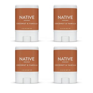 Four sticks of Native deodorant in Coconut & Vanilla scent, each with 0.35 oz net weight.
