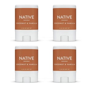 Four sticks of Native deodorant in Coconut & Vanilla scent, each with 0.35 oz net weight.