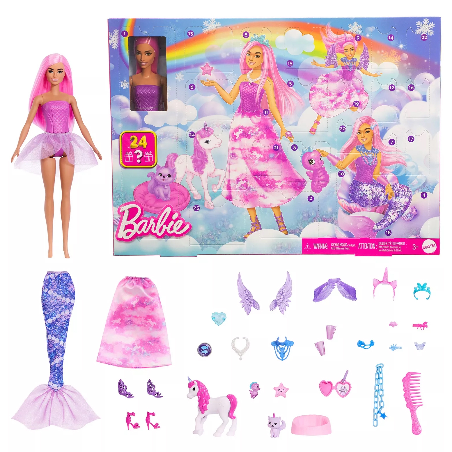 Barbie advent calendar featuring 24 surprises, including a doll with pink hair, a purple outfit, themed accessories like a mermaid tail, unicorn figures, wings, jewelry, and hairpieces.