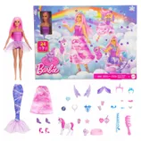Barbie advent calendar featuring 24 surprises, including a doll with pink hair, a purple outfit, themed accessories like a mermaid tail, unicorn figures, wings, jewelry, and hairpieces.