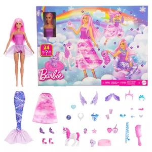 Barbie advent calendar featuring 24 surprises, including a doll with pink hair, a purple outfit, themed accessories like a mermaid tail, unicorn figures, wings, jewelry, and hairpieces.
