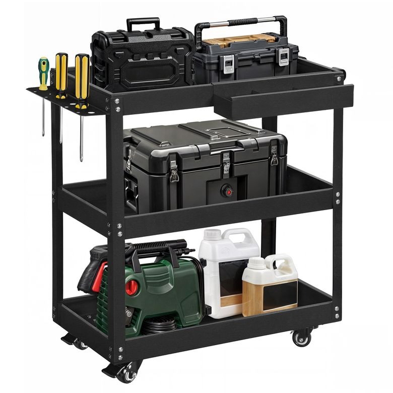 A black rolling utility cart with three shelves holds toolboxes, a set of screwdrivers, a power tool, and plastic jugs, equipped with swivel caster wheels for mobility.